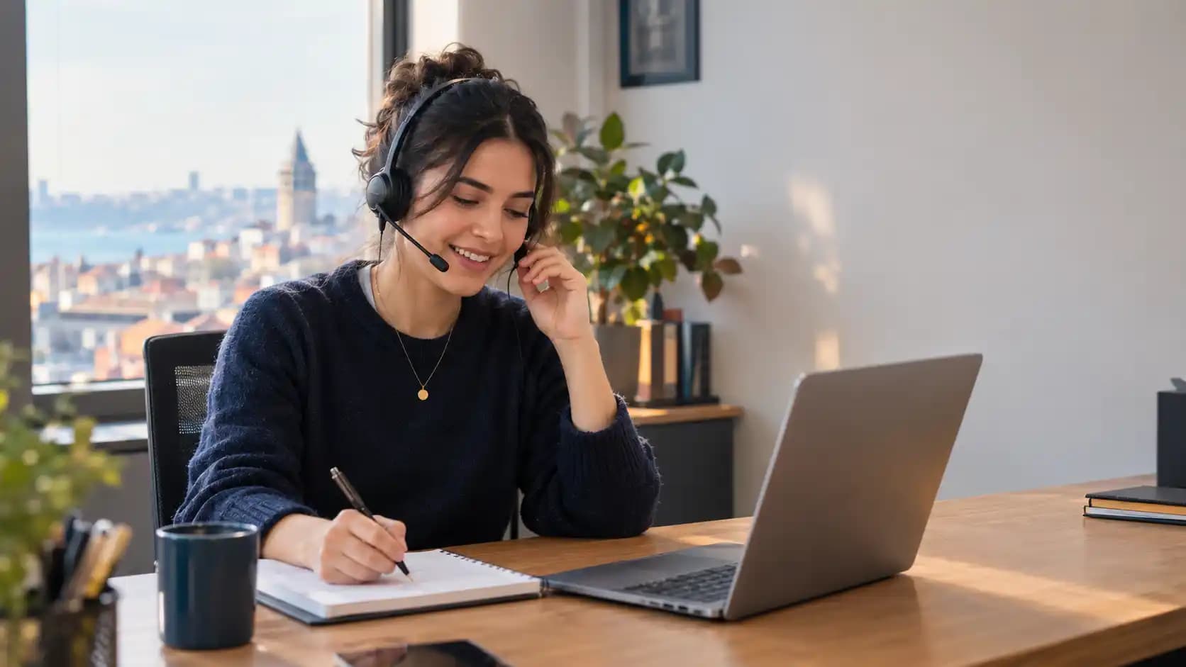 A support agent answering a customer's question on the phone and taking notes